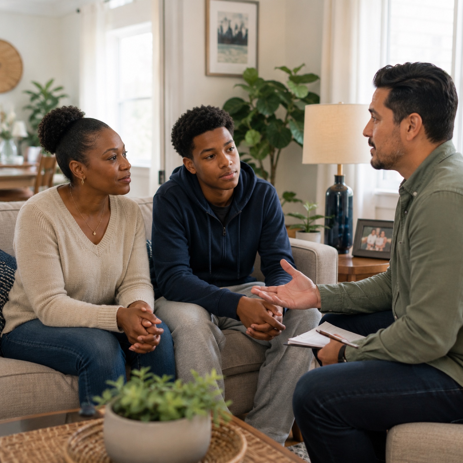 A family at home with a clinician