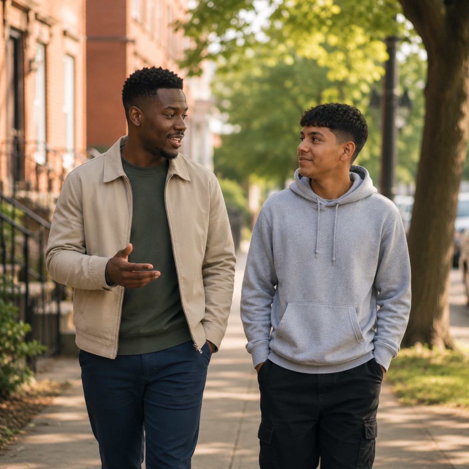 A therapeutic mentor and teenager outdoors in the neighborhood
