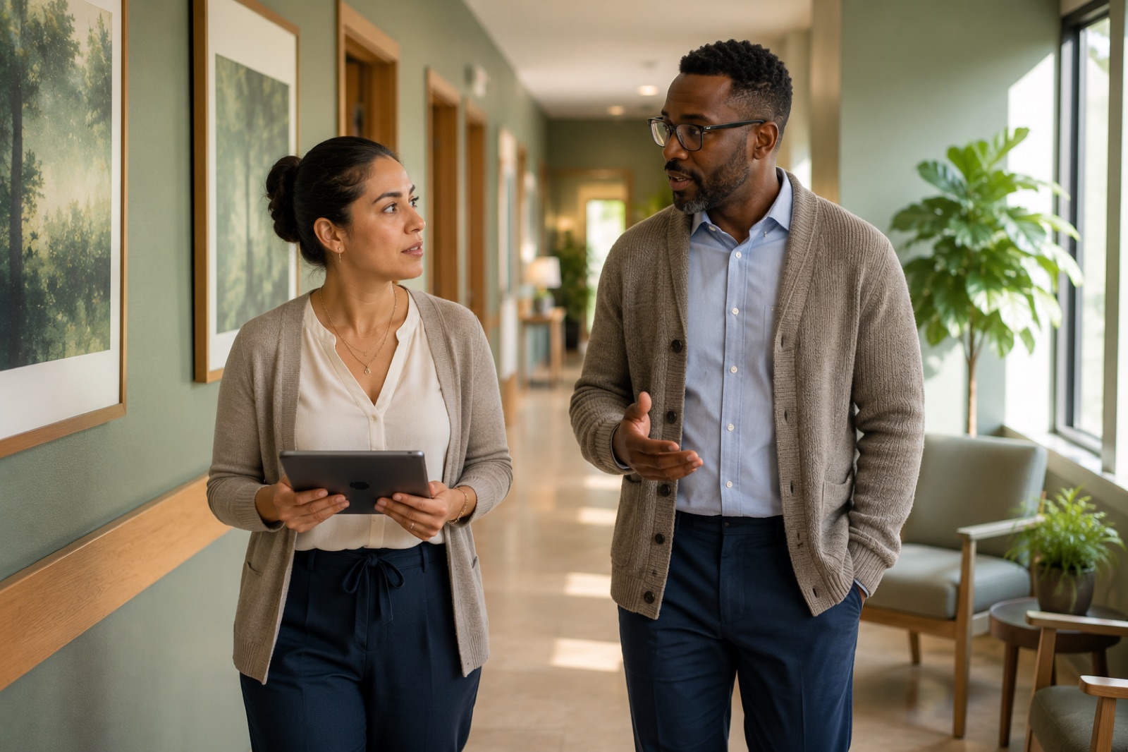 Two staff members in conversation